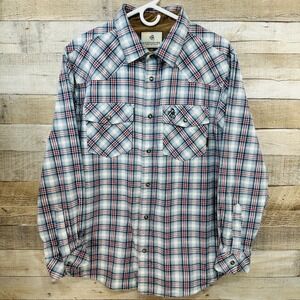 Legendary Whitetails Mens Large Red Blue White Plaid Snap Button Western Shirt